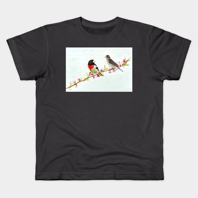 Rose Breasted Grosbeak Couple Kids T-Shirt by lauradyoung